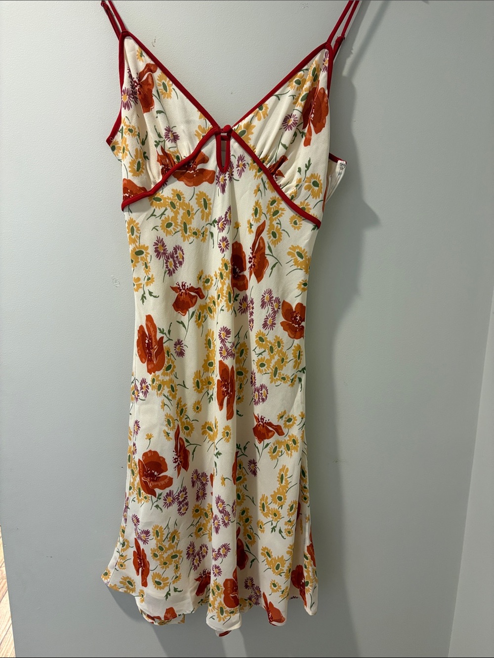 Reformation Cream Floral Slip Dress with Red Trim